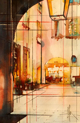 276 Le chateau de Bagnols 06: La cour intérieure. Aquarelle 35.5 x 51. 2012