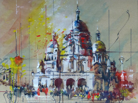 327 Rouge Montmartre. Aquarelle et brou de noix sur kraft 30 x 40. 2015