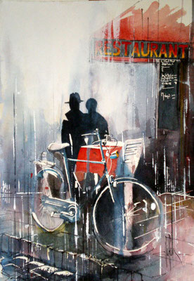 195 Les amoureux à la bicyclette: Paris - Aquarelle 36 x 51
