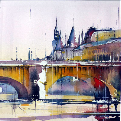 416 Paris Les ponts II Aquarelle collée sur médium 30 x 30 - 40 x 40