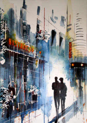 189 Les amoureux du quartier latin: Paris - Aquarelle 36 x 51
