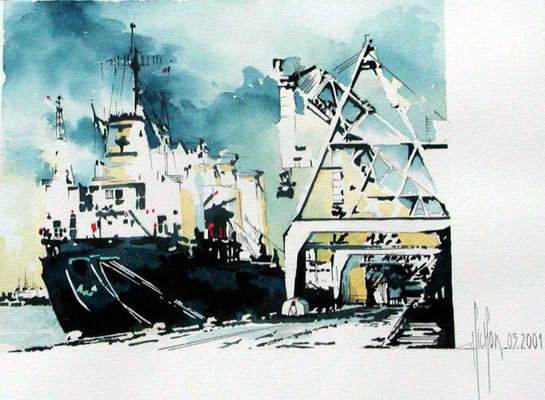 25 Grues au Havre - 2000 - Aquarelle 24 x 30