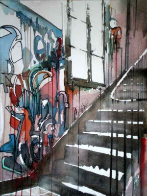 198 Graffitis dans la cage d'esclairer D - Aquarelle 31 x 41