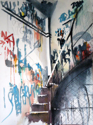 193 Graffitis dans la cage d'esclairer B - Aquarelle 31 x 41
