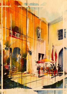 267 Le chateau de Bagnols:la cour intérieure. Aquarelle 30.5 x 45.5. 2012