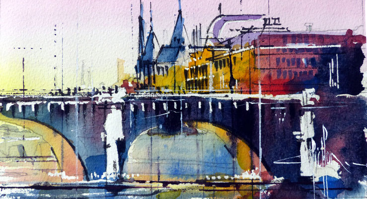 418 Paris Les ponts III Aquarelle 12 x 22 - 20 x 30