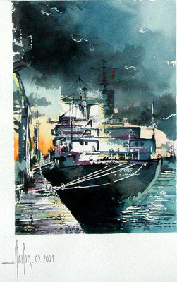 23 Cargo au  Havre - 2000 - Aquarelle 30 x 40