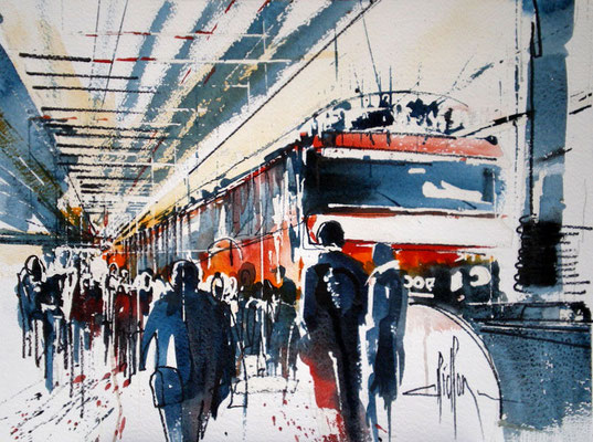 220 Un train en gare. Aquarelle 30 x 40. 2011