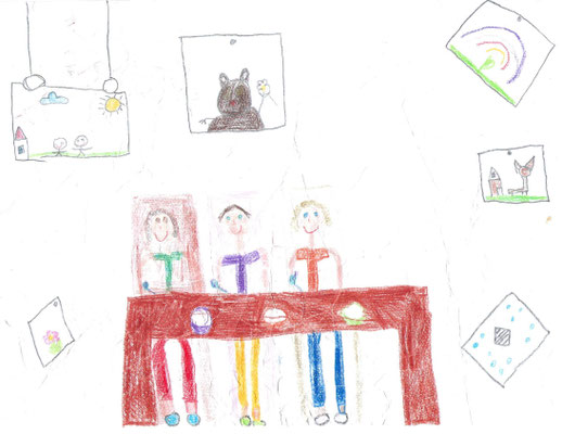 Handgemaltes Bild mit Buntstiften eines Kindergartenkindes