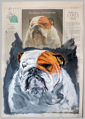 Bulldogge, 2018, 40 x 55, Gouache und Tempera auf Zeitungspapier