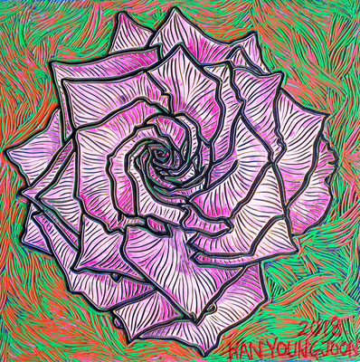 Rosa Rose, 20 x 20 cm,  Acryl auf Holz Malplatte (Kkeul Malerei)-----------분홍 장미 꽃, 20 x 20 cm, 나무판넬에 아크릴(끌 말러라이)  