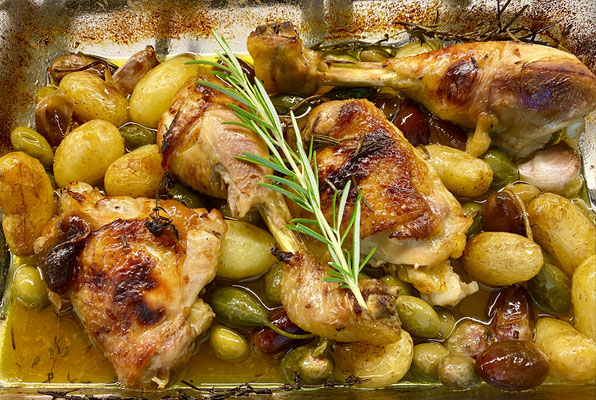 Roasted chicken with small potatoes, capers, olives and dates by ZsL