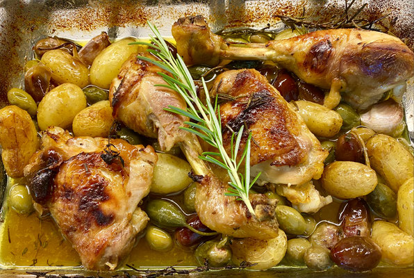Roasted chicken with small potatoes, capers, olives and dates by ZsL