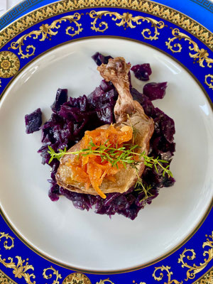 Roasted pigeon with caramelised red cabbage and carrot hazelnut sauce by ZsL