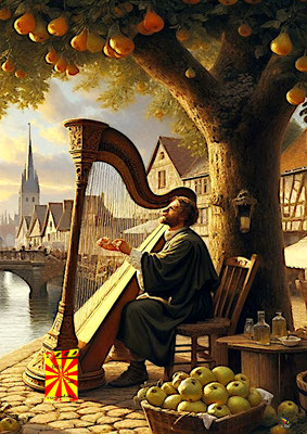 Ribbeck im Havelland mit Birnen, auf einer Harfe spielend 