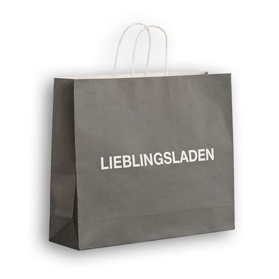 Papiertragetaschen "Lieblingsladen" aus weißem Kraftpapier mit Offset-Vollflächendruck 