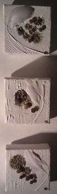 Tiny Art - acrylic, gauze, thread, feathers and buttons on canvas. 10 x 10 (x4cm), 2012.