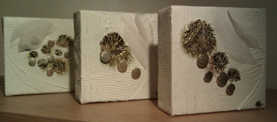Tiny Art - acrylic, gauze, thread, feathers and buttons on canvas. 10 x 10 (x4cm), 2012.
