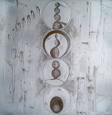 Division, 100x100cm (x3cm),  Acrylic, pastel, pencil crayon, graphite, thread, gauze and feather on canvas, 'Canvas Sculpture' Collection, 2013. 