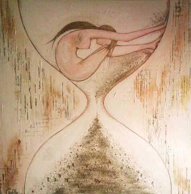 In Time, 90 x 90 (x3cm depth), Acryrlic, Sand, Gold Flecks, Pastel, Pencil Crayon & Graphite on Canvas, 2012.