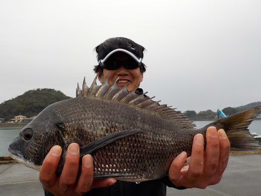 ３月５日　磯釣りで塚崎さん　良型チヌ４４．６㎝を頭に３匹