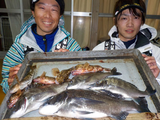 ３月６日　磯釣りで陣内さん　満﨑さん　チヌ４３．３㎝を頭に４匹　ガラカブ、４匹　アイナメ１匹