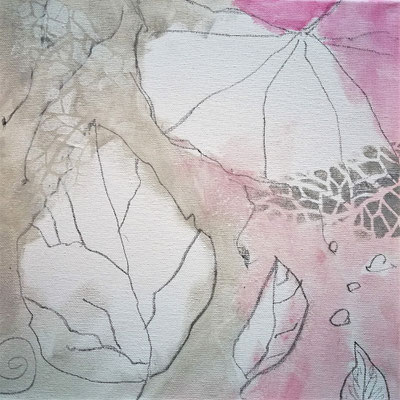 Blätter grau-rosa 3, Acryl auf LW mit Draht, 30 x 30 cm