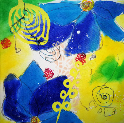 Blaue Blumen mit Draht 3, Acryl auf LW mit Draht, 30 x 30 cm