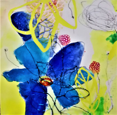 Blaue Blumen mit Draht 1, Acryl auf LW mit Draht, 30 x 30 cm