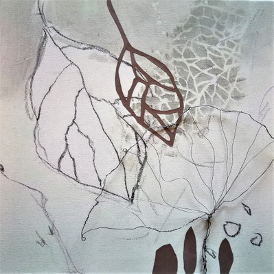 Blätter grau-rosa 1, Acryl auf LW mit Draht, 30 x 30 cm