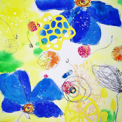 Blaue Blumen mit Draht 2, Acryl auf LW mit Draht, 30 x 30 cm