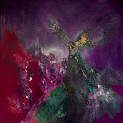 Aurore violette - technique mixte sur toile 80x80 cm