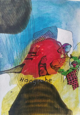 ALS MEIN KATER VON EINER BALLONFAHRT TRÄUMTE - mixed media auf Papier - 24 x 17 cm - CHF 280
