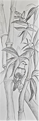 BAMBUS MIT VOGEL - Graphitstift auf Papier - 49,4 x 16 cm - CHF 280