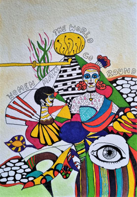 WOMEN MAKE THE WORLD GO ROUND - mixed media auf Papier - 24 x 17 cm - CHF 250