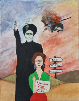 Bild links Cancelled by Karma des Triptychons Thank you Creator, for nothing - 50 x 40 cm - Gouache auf Leinwand - einzeln CHF 800, Triptychon gesamt: CHF 2000