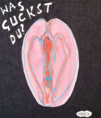 WAS GUCKST DU? - 9,7 x 11 cm - Gouache/Aufkleber Anna Schmid auf Malkarton - CHF 50