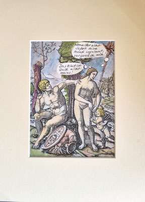 VENUS, MARS UND AMOR 2.0 - Collage, ausgedruckter Kupferstich (Original: Marcantonio Raimondi, 1508) mit Gouache bearbeitet - 22,7 x 31,4 cm (inkl. Passpartout) - CHF 50