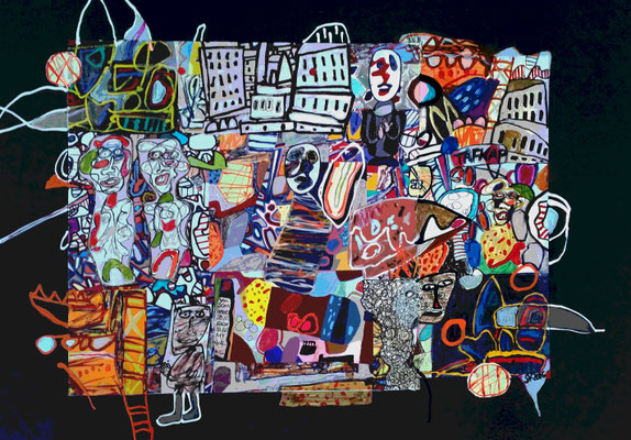 TRIBUTE TO DUBUFFET - Collage, mixed media auf schwarzer Malplatte  - 60 x 42 cm - CHF 400