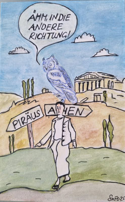 EULEN NACH ATHEN - 14,5 x 9,2 cm - Gouache auf Malkarton - CHF 80