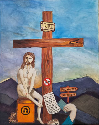 Bild Mitte Business as usual des Triptychons Thank you Creator, for nothing - 50 x 40 cm - Gouache auf Leinwand - einzeln CHF 800, Triptychon gesamt: CHF 2000