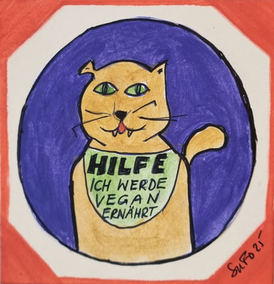 HILFE, ICH WERDE VEGAN ERNÄHRT - 8,3 x 8,5 cm - Gouache/Tusche auf Malkarton - CHF 35