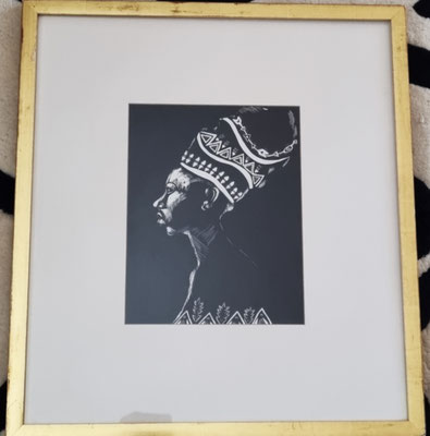 BLACK WOMAN - Kratztechnik auf Spezialpapier - 54 x 49 cm inkl. Passepartout, Verglasung und vergoldetem Rahmen (Blattgold, vintage) - CHF 950 inkl. Rahmen