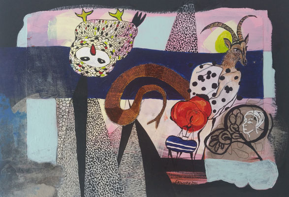 EULEN NACH ATHEN - mixed media auf schwarzer Malplatte  - 36 x 25 cm - CHF 650