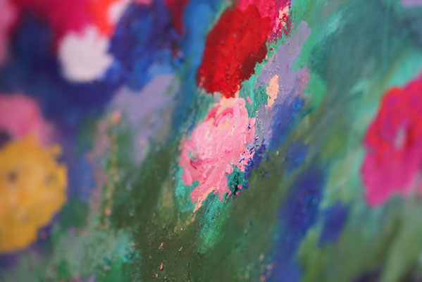 Biggie III (Detail), Acrylics, oil crayons and structure paste on canvas, 70 x 140 cm, 2024.