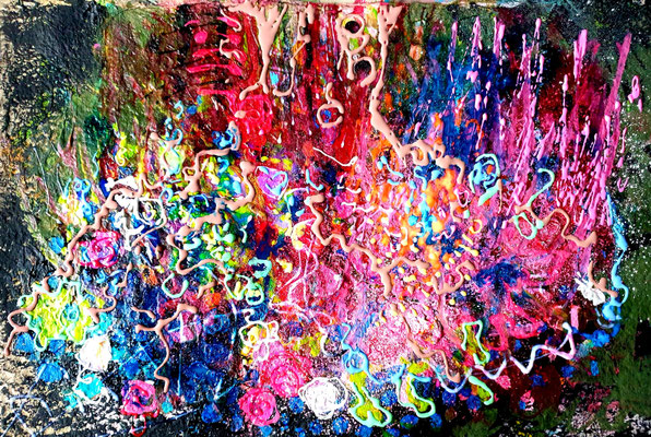 "Wasserfall", kleine Papierarbeit, Farbschichtungen, 2024.