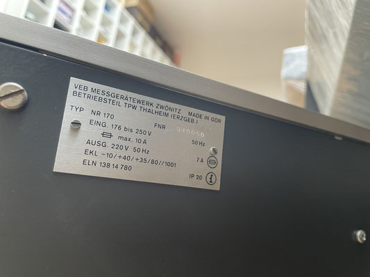 RFT Netzregler NR 170 Typenschild mit Hersteller- und Leistungsangaben
