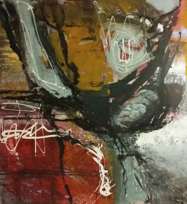 Abstraktes Acrylbild mit kraftvollen schwarzen Gesten, ockerfarbenen Flächen und weißen Farbspritzern