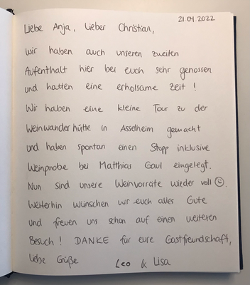Gästebucheintrag im Weinhaus Moser