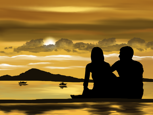 Ein Paar sitzt entspannt am Meer bei untergehender Sonne als Sinnbild für harmonische Verbindungen und energetische Freiheit nach einem Clearing.